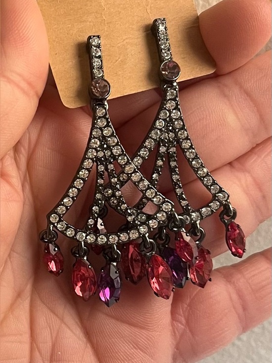 Jewelry - Art Deco Rhinestone Fan Drop Earrings with Ruby Crystal Dangles